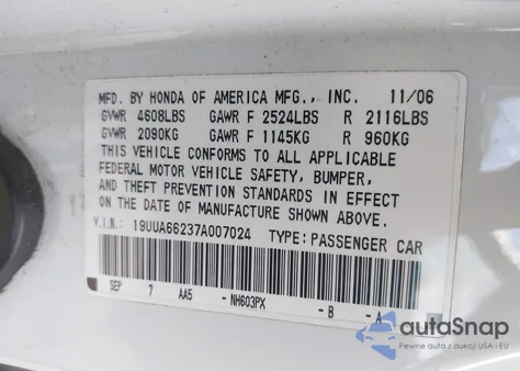 2007 Acura Tl 3.2 from USA, damaged, VIN 19UUA66237A007024